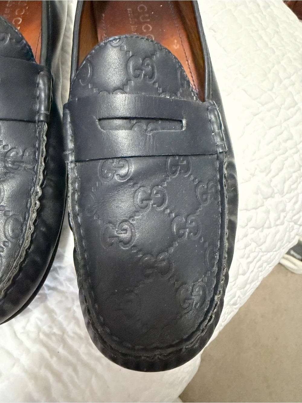 Gucci Black/ very dark navy Embossed GG Leather Penny Loafers